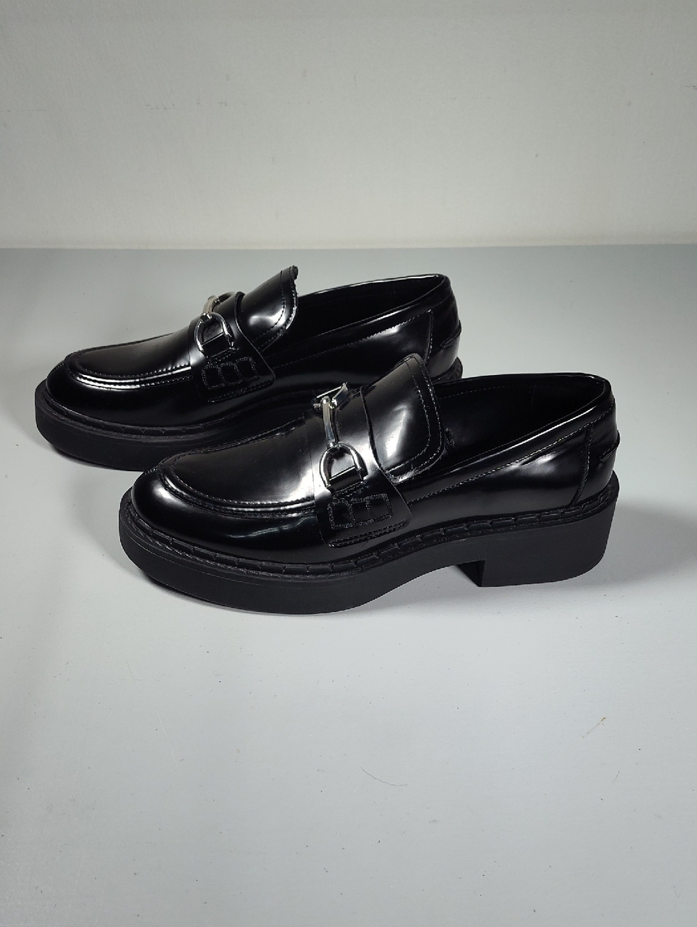 Zara black lug sole chunky loafers silver bit buckle‎ 37